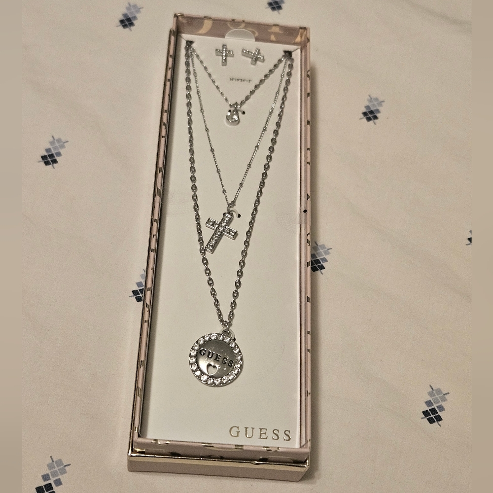 GUESS 3 strand necklace and cross earrings set. NIP.
